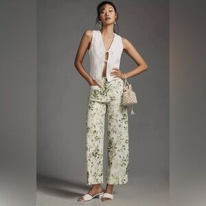Anthropologie White and Green Wide Leg Pants
